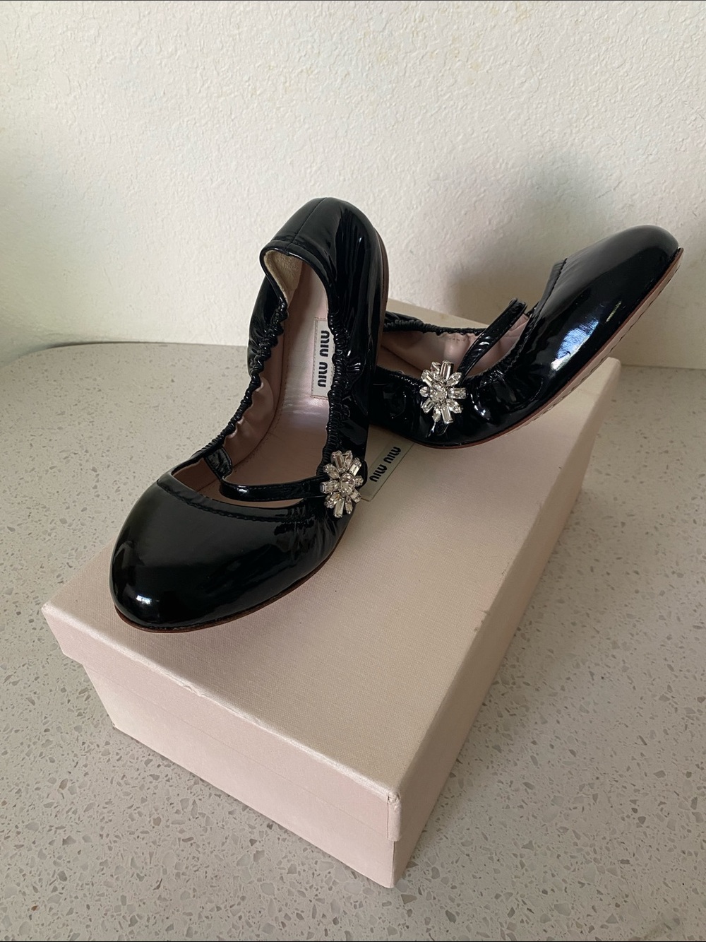Miu Miu Black Patent Leather Crystal-Flower Ballet Flats